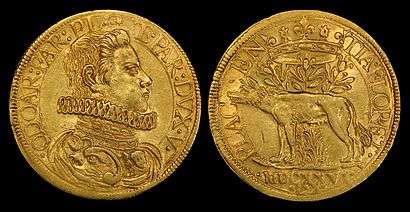 Odoardo Farnese depicted on a gold 2 doppie coin (1626).