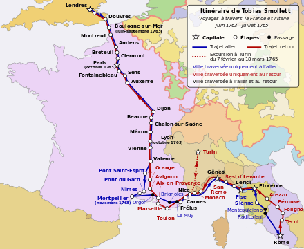 carte schématique indiquant les étapes du voyage, aller-retour, depuis Londres jusqu'à Rome