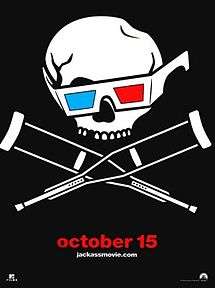 The Jackass skull and crossbones (crutches) wearing yellow and green 3D glasses