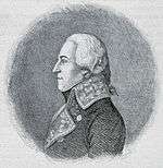 Black and white print of a bewigged man in profile, looking to the viewer's left. He wears a dark late 18th century military coat with lace on the lapels.