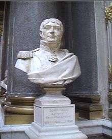 Bust of a clean-shaven square-faced man in a coat with epaulettes on the shoulders.