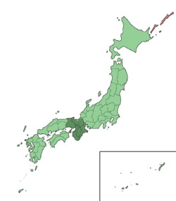 Map showing the Kansai region of Japan. It comprises the mid-west area of the island of Honshu.