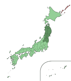 Map showing the Tōhoku region of Japan. It comprises the northeast area of the island of Honshu.