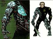 Two drawings show the artist's conception of Über-Jason. On the right, a man with a high-tech metallic right arm and left leg holds a machete. On the left, a detailed drawing of the right arm.