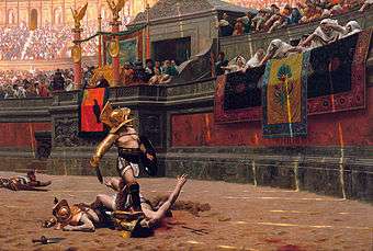 Several dead men and various scattered weapons are located in a large arena. Near the center of the image is a man wearing armor standing in the middle of an arena looking up at a large crowd. The man has his right foot on the throat of an injured man who is reaching towards the crowd. Members of the crowd are indicating a "thumbs down" gesture. The arena is adorned with marble, columns, flags, and statues.