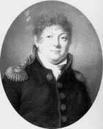 Formal half portrait of Ernouf in dress military uniform, wearing a dark coat with shoulder epaulets, a white shirt with a high collar. He has light curly hair and a round face.