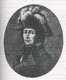 Black and white print of a man wearing a dark military coat and a bicorne hat with gaudy plumes.