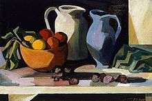 oil painting showing a bowl of fruit, white jug and blue jug. They are painted in a slightly abstract manner rather than being realistic