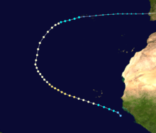 Storm path of Hurricane Jeanne. It starts near the west coast of Africa and curves in a wide half-circle course in the eastern Atlantic, with the storm becoming extratropical near the Azores