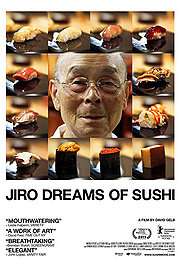 A bald eldery Japanese man wearing glasses, framed by twelve squares showing different types of sushi.