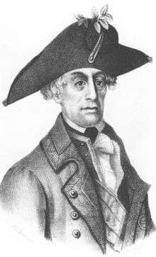 Print shows a man with large, deep-set eyes in 18th Century dress. He wears an enormous bicorne hat.