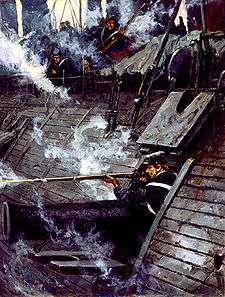 painting of the USS Galena's port broadside, with John Mackie firing his musket from a gun port