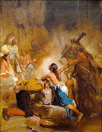 A painting of a young dark-haired Native American woman shielding an Elizabethan era man from execution by a Native American chief. She is bare-chested, and her face is bathed in light from an unknown source. Several Native Americans look on at the scene.