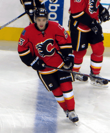 Gaudreau skates across the blue line during pre-game warm up.