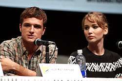 Josh Hutcherson and Jennifer Lawrence speaking at the 2013 San Diego Comic Con International, for "The Hunger Games: Catching Fire", at the San Diego Convention Center in San Diego, California.