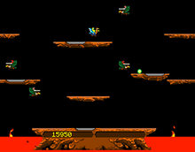 A horizontal rectangular video game screenshot that is a digital representation of a fictional lava world. A small yellow character on a blue ostrich flies around an area populated with floating brown platforms and red and grey knights green buzzards. At the bottom center is a large brown platform protruding from a pit of red lava. Within the platform is a set of yellow numbers. The player navigates the yellow knight (top center) around the game world to defeat the enemy knights. Scores are kept track in the center portion of the bottom platform