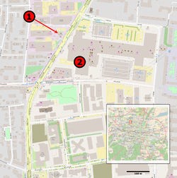 Map of Munich with locations of attack and Olympia shopping mall marked with red dots.