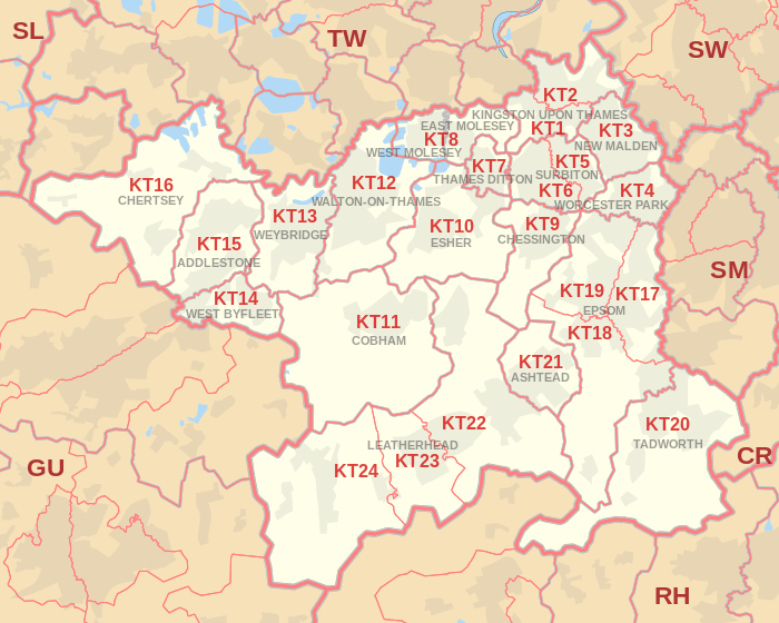 KT postcode area map, showing postcode districts, post towns and neighbouring postcode areas.