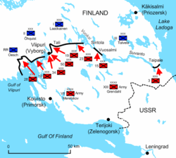 Diagram of the Karelian Isthmus illustrates the positions and offensives of the Soviet troops.