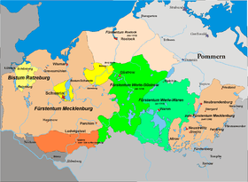 Rostock (pale peach) and other Mecklenburgian states in the early 14th century