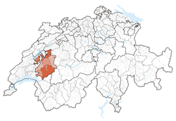 Map of Switzerland, location of Fribourg highlighted