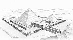 Drawing of a pyramid surrounded by a wall and with a small temple adjacent to one side.