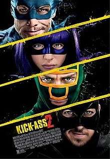 Four faces, against a black background, white diagonal lines dividing them. An older man with rough stubble on his chin, in a blue mask; a girl with purple hair wearing a purple mask; a man in a green and yellow mask; a man in a black mask.