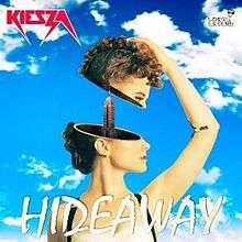 A portrait of a young woman with short red curly hair depicted as a toy doll with an accessible head feature at the forefront of a bright blue cloud-patched sky backdrop. Additionally, in small red font is the name 'Kiesza' in the top-left and in large white font the title "Hideaway" at the bottom.