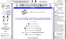 A web page broken up into frames.  The center frame shows the combat, consisting entirely of text and crude thumbnail images of drawings.  There is also a chat pane showing various announcements and a character pane displaying the player's experience levels, hit points, and magic points.