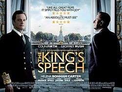 A film poster showing two men framing a large, ornate window looking out onto London. Colin Firth, on the left, is wearing as naval uniform as King George VI, staring at the viewer. Geoffrey Rush, on the right, is wearing a suit and facing out the window, his back to the reader. The picture is overlaid with names and critical praise for the film.