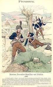 Print showing dark blue-coated Prussian grenadiers skirmishing