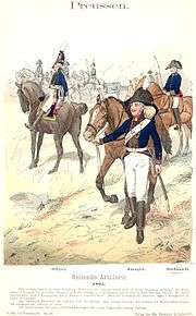 Prussian 1805 horse artillery in bicorne hats, blue coats, white trousers, and black boots