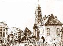A black and white sketch showing the Krakowskie Przedmieście Street with houses on both sides.
