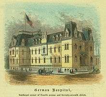 A colored postcared image of a building identified as the German Hospital with the mansard roof