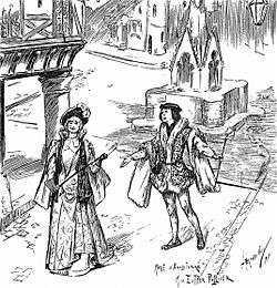 drawing from a Victorian magazine, showing a young woman and a man in mediaeval costume