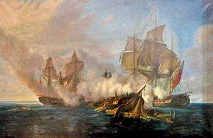 A naval painting in which a badly damaged ship in the foreground is flanked by two lightly damaged ships that are firing on the central vessel.
