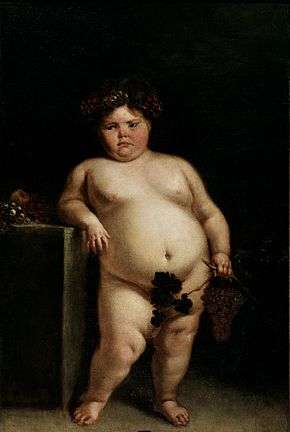 A painting of a dark haired pink cheeked obese nude young female leaning against a table. She is holding grapes and grape leaves in her left hand which cover her genitalia.