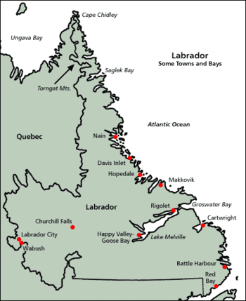 Map showing cities and geographic features of Labrador, Canada.