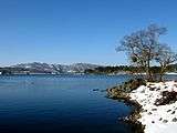 Lake Hobara in winter with a snow-covered bank