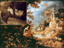 Painting of various animals and people in a forest, including a whitish dodo