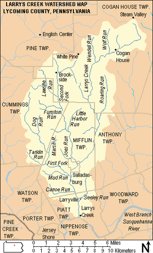 A map with caption "Larrys Creek Watershed Map Lycoming County, Pennsylvania". The top left corner is labeled "Pine Township" and shows the village "English Center". The top right corner is labeled "Cogan House Township", has four villages ("Steam Valley", "Cogan House", "Brookside", and "White Pine") and labeled streams "Larrys Creek", "Wolf Run", "Wendell Run", "Roaring Run", and Second Fork". At left center is "Cummins Township" with streams "Lawshe Run", "Funston Run", "Dog Run", and "Tarkiln Run". In the center is "Mifflin Township" which surrounds the borough of "Salladasburg"; named streams are "Little Harbor Run", "Joes Run", "Marsh Run", "First Fork", "Mud Run", and "Canoe Run". "Anthony Township" is at center right, and in the lower left corner are "Watson", "Porter", and "Pine Creek" townships and the borough of "Jersey Shore". In middle center is "Piatt Township" with the villages of "Larryville" and "Larrys Creek" and the stream "Seeley Run", below this is "Nippenose Township". In the lower right corner is "Woodward Township" and the label for the "West Branch Susquehanna River".