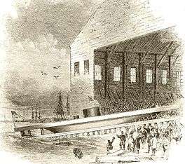 drawing showing the Launch of USS Monitor into the East River at Brooklyn