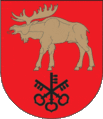 A coat of arms depicting a golden moose with large antlers and a protruding red tongue hovering over three black keys