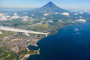 An image of Legazpi with the sea and Mt. Mayon.