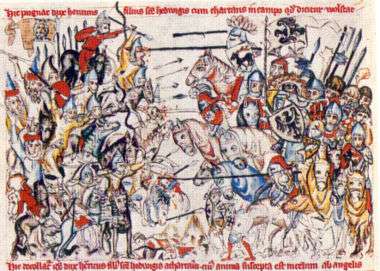 Painting of a battle scene with mounted warriors on either side