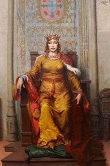 Painting of Queen Leonor wearing a golden gown and seated on a throne