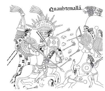 Line drawing of a conquistador on horseback charging to the right accompanied by two native warriors on foot in feathered battledress. On the right hand side more simply dressed natives shoot arrows at the attackers.