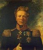 Painting shows a wavy-haired man with a cleft chin with his thumb thrust between the buttons of his coat. He wears a dark green military uniform wit a high collar, epaulettes and several awards on his breast.