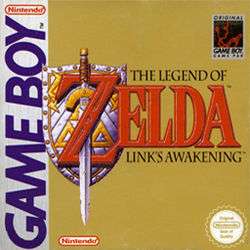 A sword stands over a shield, and goes through the letter "Z" in the title "The Legend of Zelda: Link's Awakening".