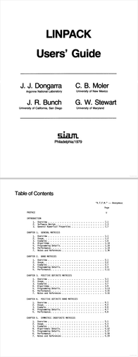 The title page and table of contents for the Linpack Users' Guide. Above the table of contents, the quote "R.T.F.M." is attributed to "anonymous".